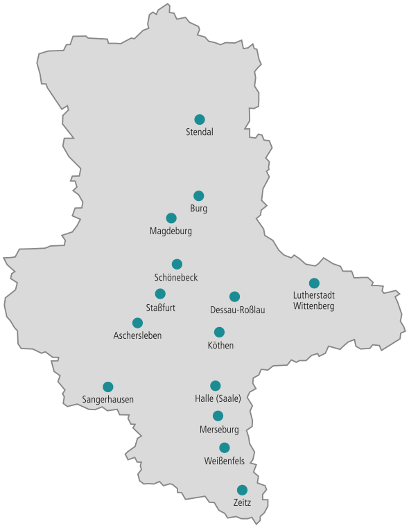 Landkarte von Sachsen-Anhalt mit Standort-Markierungen